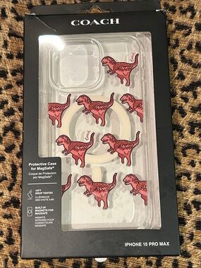 Coach Clear iPhone 15 Pro Max MagSafe Case with Pink Glitter Dino Rexy NEW T-Rex